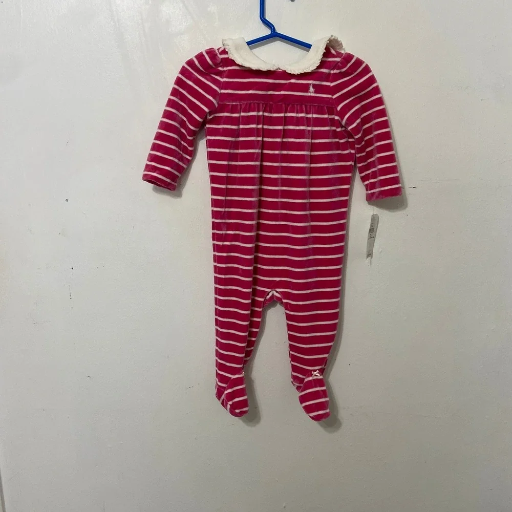 Ralph Lauren Hot Pink White Striped Velour One Piece Outfit White Collar Footies